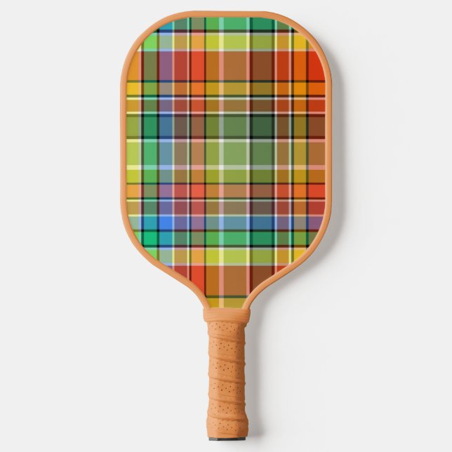 Orange Gold Green Blue Purple Black White Plaid Pickleball Paddle (Front)