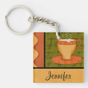 Orange Gold Green Coffee Cup Art Custom Name Keychain