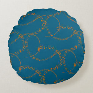Orange Gold on Blue Music Note Pattern  Round Pillow