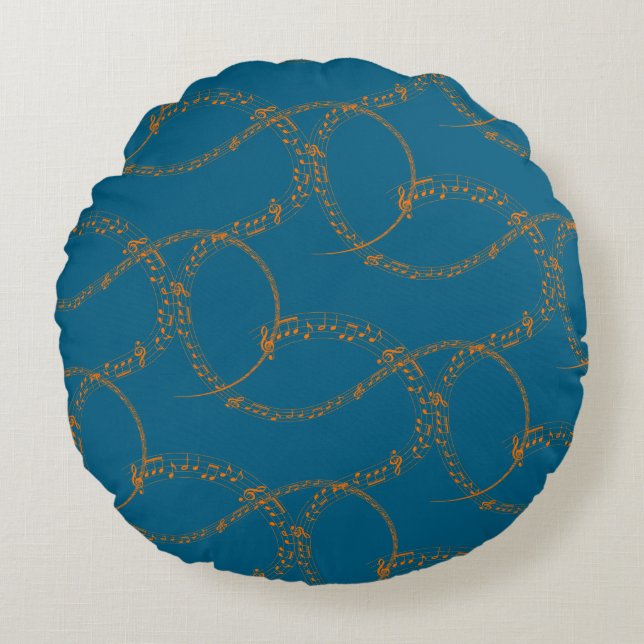 Orange Gold on Blue Music Note Pattern  Round Pillow (Front)