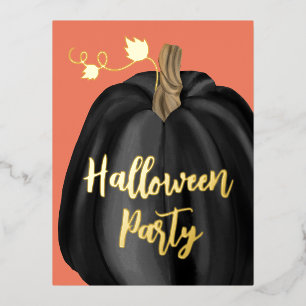 Orange Gold Script Pumpkin Halloween Party Foil Invitation Postcard