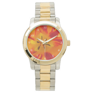 orange, golden tulip flower macro close up picture watch