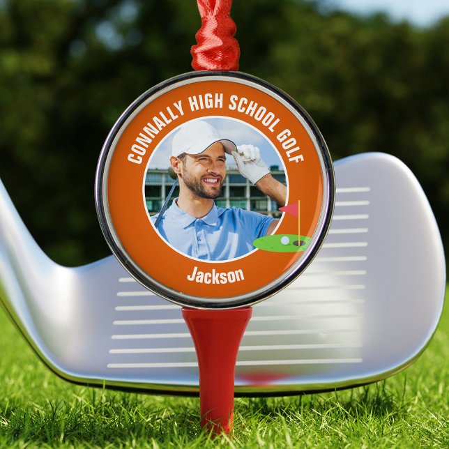 Orange Golfer Photo Custom Golf Team Christmas Metal Ornament (Creator Uploaded)