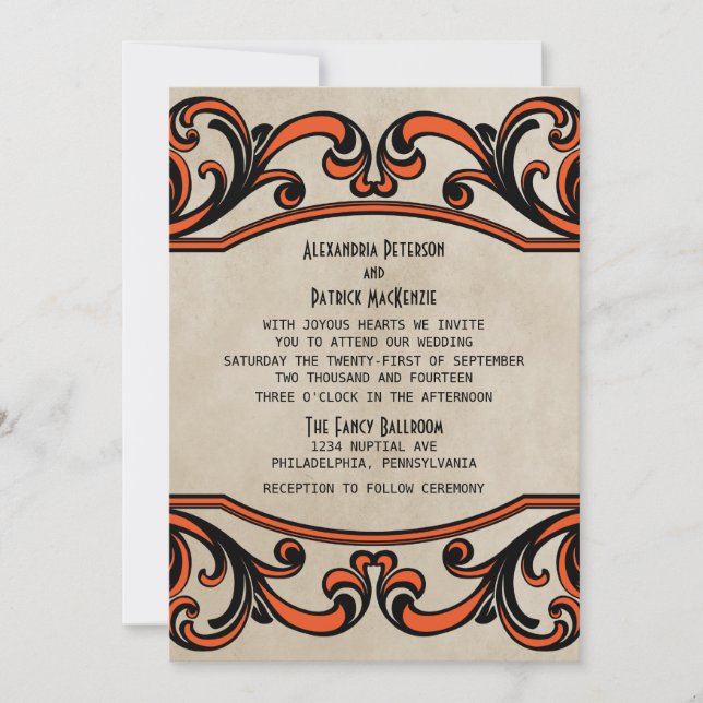 Orange Gothic Swirls Wedding Invite (Front)