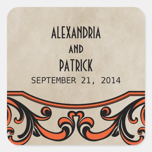 Orange Gothic Swirls Wedding Stickers (Front)