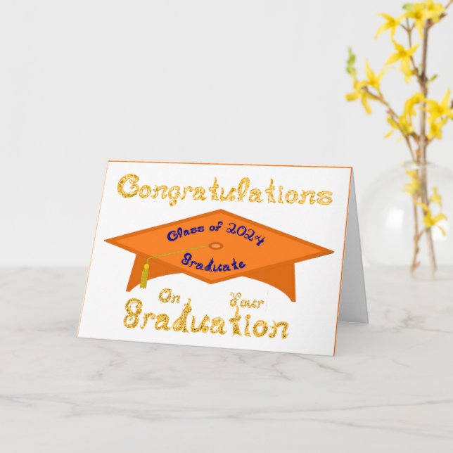 Orange Grad Cap Gold Blue Graduate Class 2024 Hat Card (Yellow Flower)