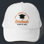 Orange Graduate Customizable Graduation Trucker Hat<br><div class="desc">These modern orange custom senior graduate hats feature your high school or college name for the class of 2025. Customize with your graduating year under the chic handwritten script and black grad cap for a great personalized graduation party favour gift.</div>
