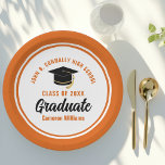 Orange Graduate Personalized 2025 Graduation Party Paper Plate<br><div class="desc">These modern orange and white custom graduation party plates feature classy typography of your university or college name for the class of 2025. Customize with your graduating year next to the chic handwritten script and black grad cap for great personalized congratulations graduate party decor.</div>
