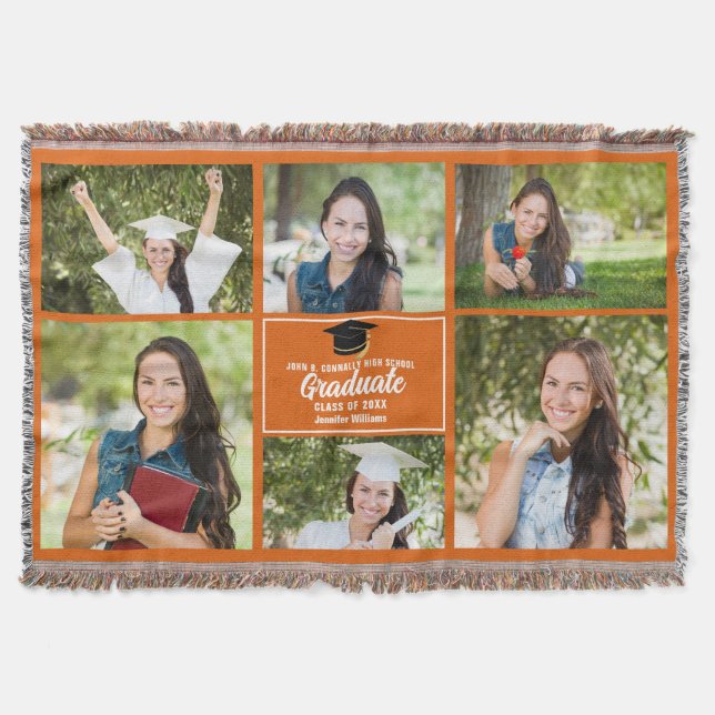 Orange Graduate Photo Collage Custom Graduation Throw Blanket (Front)