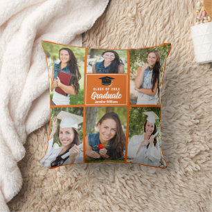 Orange Graduate Photo Collage Custom Graduation Throw Pillow