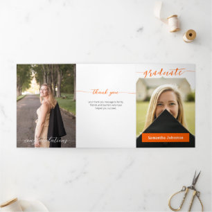 Orange Graduate Script Modern Three Photo Tri-Fold Invitation