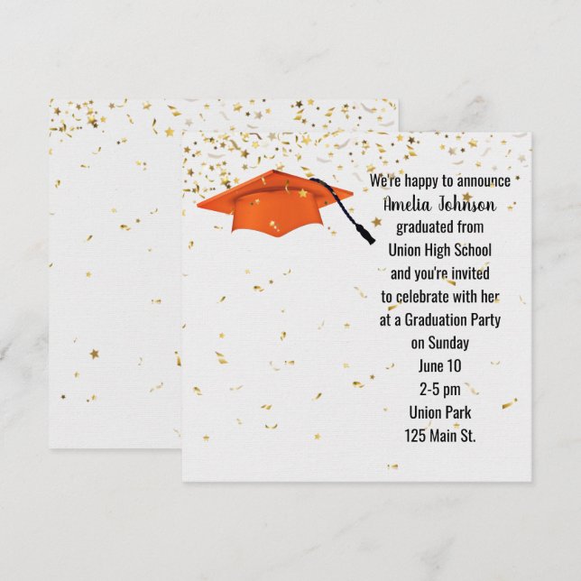 Orange Graduation Cap with Gold Confetti Invitation (Front/Back)