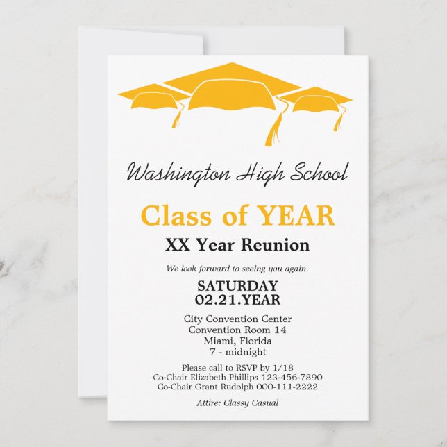 Orange Graduation Caps Class Reunion  Invitation (Front)