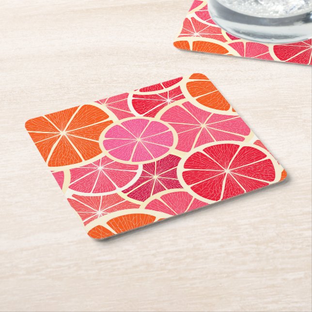 Orange & Grapefruit Citrus Fruit Pattern Square Paper Coaster (Angled)