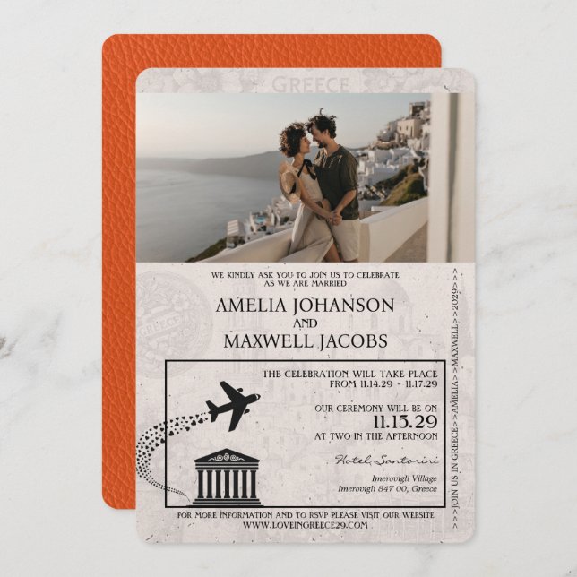 Orange Greece Passport Wedding Invitation (Front/Back)
