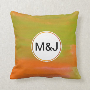 orange & green abstract watercolor & monogram throw pillow