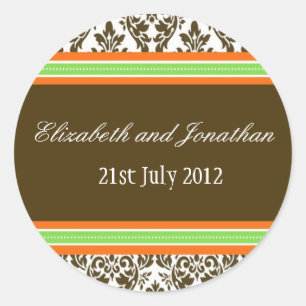 Orange Green and Brown Damask Wedding Sticker