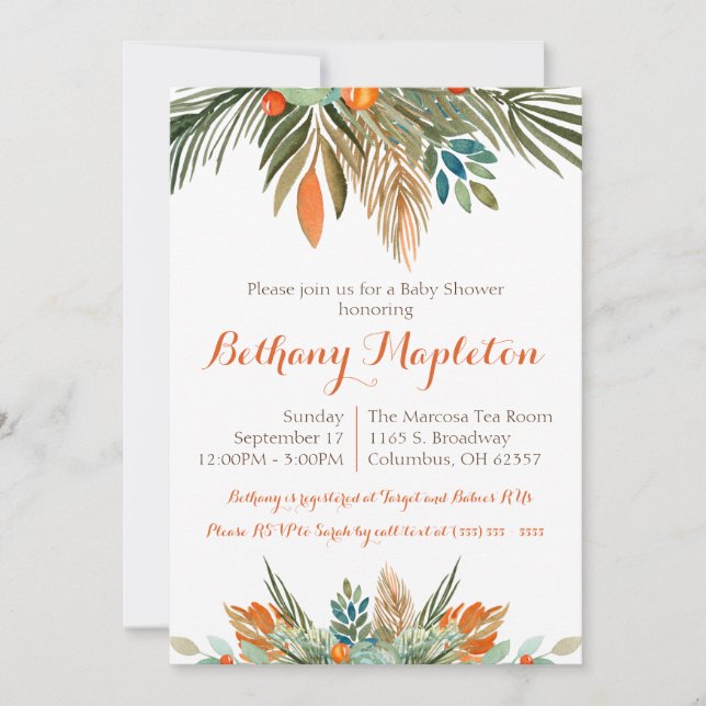 Orange, Green, and Brown Floral Baby Shower  Invitation (Front)