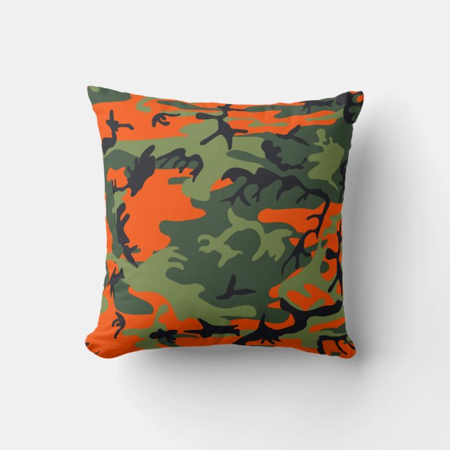 Orange, Green, Black Camo Camouflage Throw Pillow (Front)
