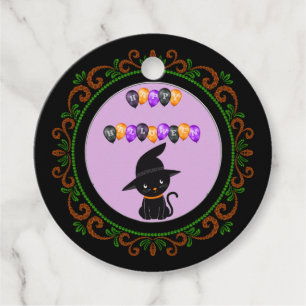 Orange Green Black Cat Happy Halloween Balloons Favour Tags
