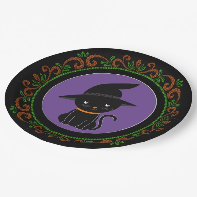 Orange Green Black Cat With A Witch Hat Halloween Paper Plate (Angled)