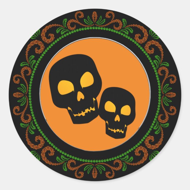 Orange Green Black Skulls Halloween Classic Round Sticker (Front)