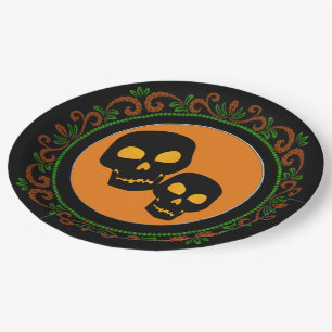 Orange Green Black Skulls Halloween Paper Plate
