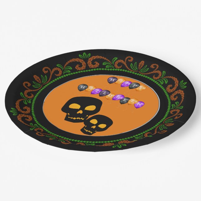 Orange Green Black Skulls Happy Halloween Balloons Paper Plate (Angled)