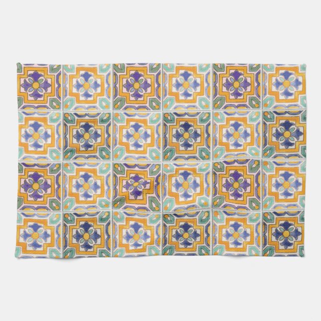 Orange-Green-Blue Tile Kitchen Towels (Horizontal)