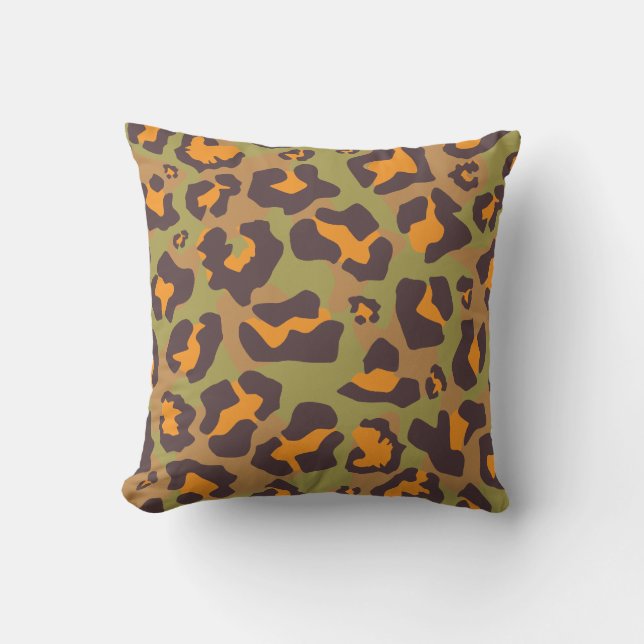 Orange, green, brown leopard animal print pattern throw pillow (Front)