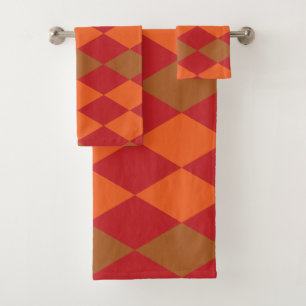 Orange Green Chequered Diamond  Bath Towel Set