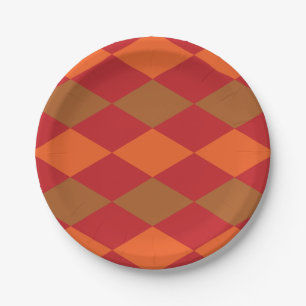 Orange Green Chequered Diamond Pattern Party Paper Plate