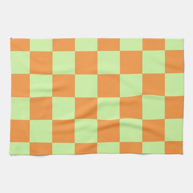 Orange Green Citrus Chequered Gingham Pattern Kitchen Towel (Horizontal)
