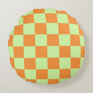 Orange Green Citrus Chequered Gingham Pattern Round Pillow