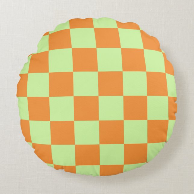 Orange Green Citrus Chequered Gingham Pattern Round Pillow (Front)
