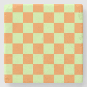 Orange Green Citrus Chequered Gingham Pattern Stone Coaster