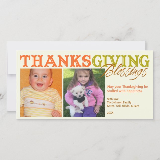 Orange green custom photos Thanksgiving blessings Holiday Card (Front)