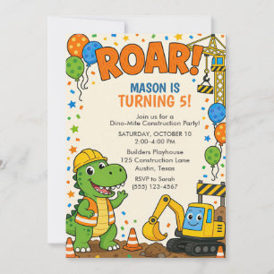 Orange Green Dinosaur Construction 5th Birthday Invitation