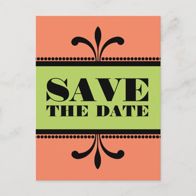 Orange/Green Fancy Art Deco Save the Date Postcard (Front)