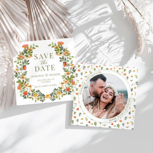 Orange green floral Save the Date photo invitation