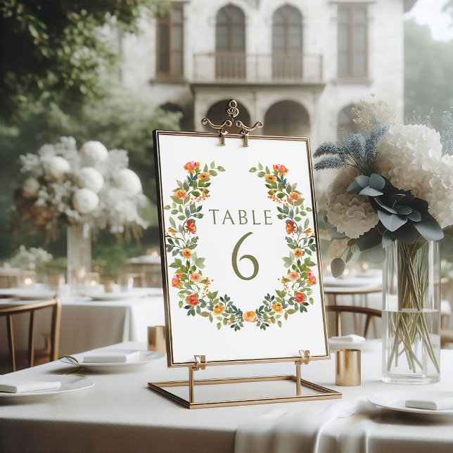 Orange Green Floral Wreath Wedding Table Numbers (Creator Uploaded)