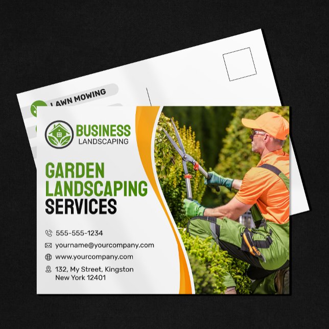 Orange & green Garden Landscaping Lawncare Mowing Postcard (Creator Uploaded)