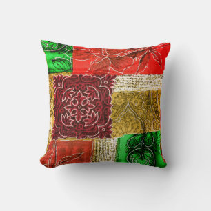 Orange Green Gold Patchwork Vintage Fabric Pattern Throw Pillow