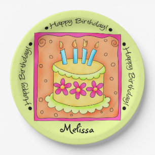 Orange Green Happy Birthday Cake Name Personalized Paper Plate