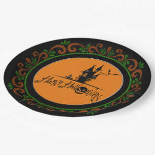 Orange Green Happy Halloween Haunted House Paper Plate