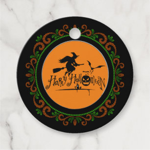 Orange Green Happy Halloween Witch And Bats Favour Tags