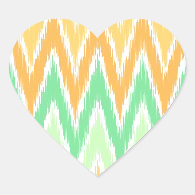 Orange Green Ikat Chevron Zig Zag Stripes Pattern Heart Sticker (Front)