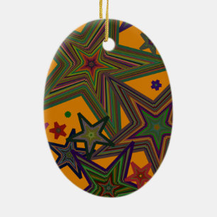 Orange Green Party Stars Ceramic Ornament