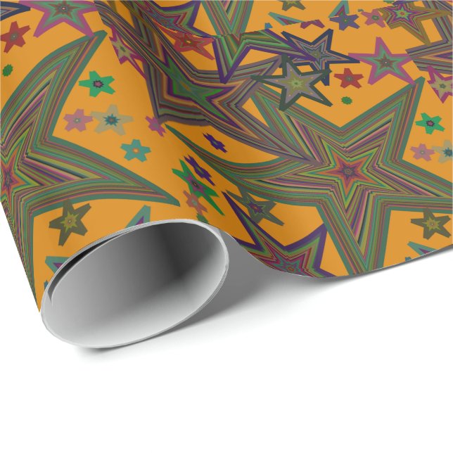 Orange Green Party Stars Wrapping Paper (Roll Corner)