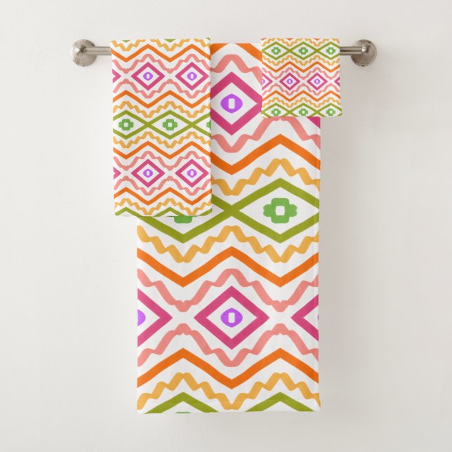 Orange Green Pink Patterned Bath Towel Set (Insitu)